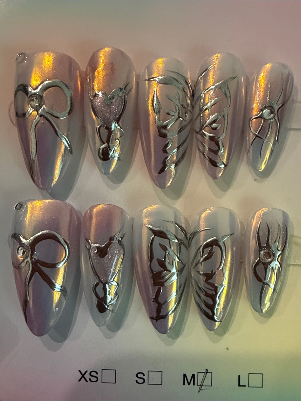 Women’s Iridescent Pink press on Nail Art Tips with Silver Accents